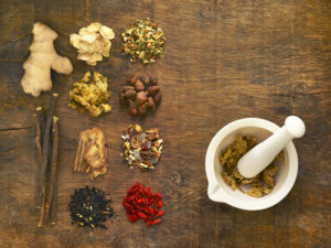 Herbs and equipment used for ayurveda medicine.